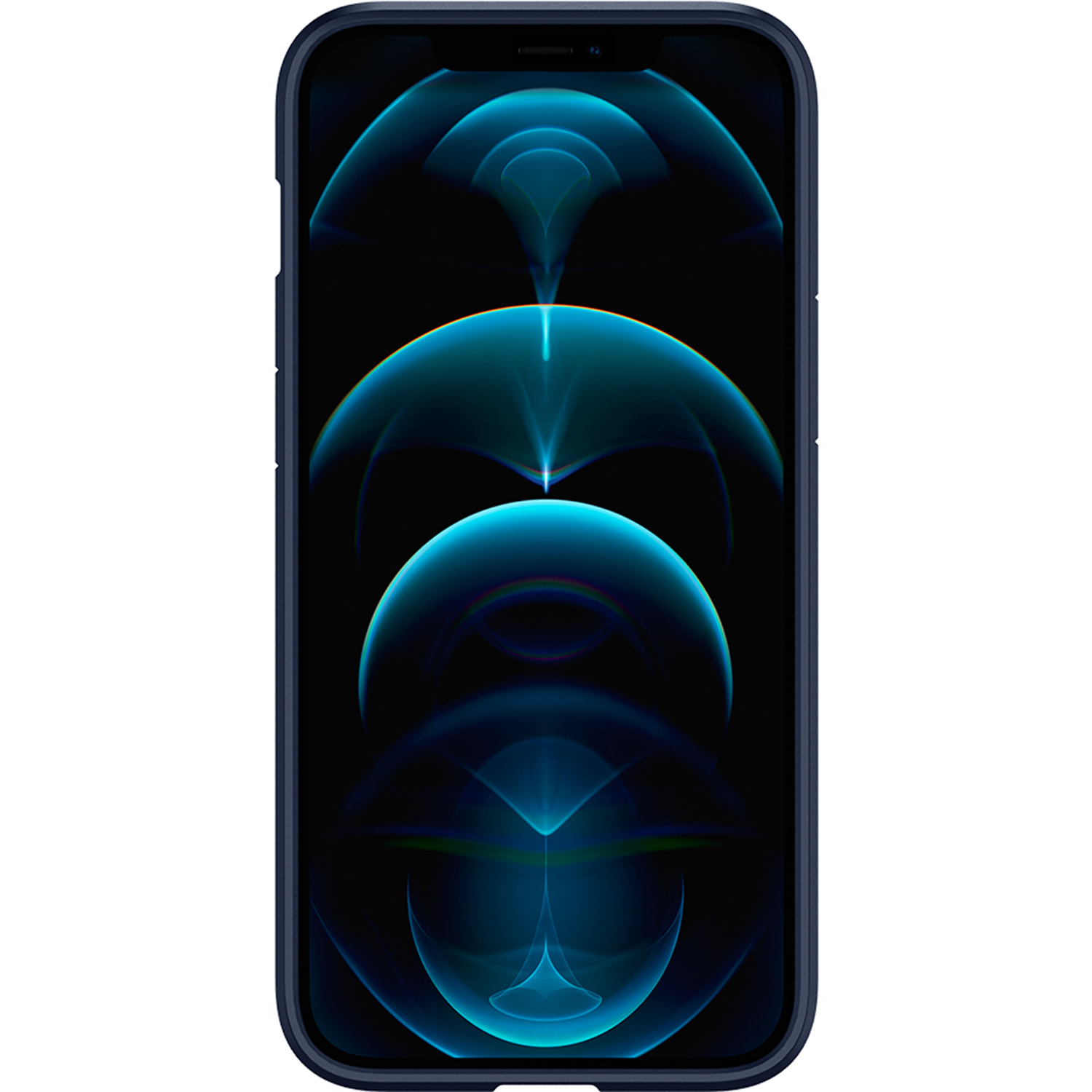Écran de téléphone bleu foncé affichant un design abstrait bleu. Le téléphone est dans une coque bleue.