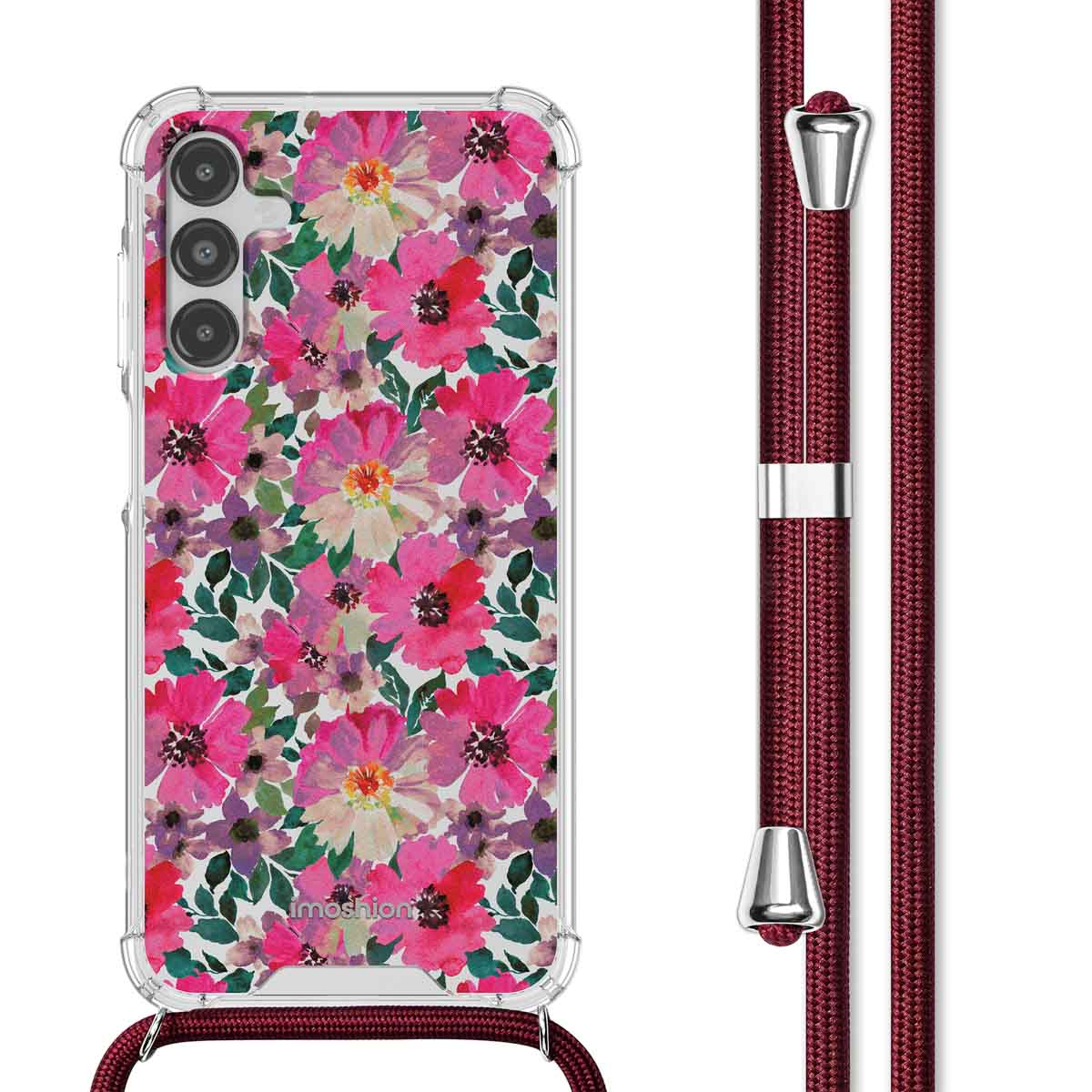 Coque de téléphone à motifs floraux avec une sangle assortie. La coque est sur un téléphone avec plusieurs caméras.