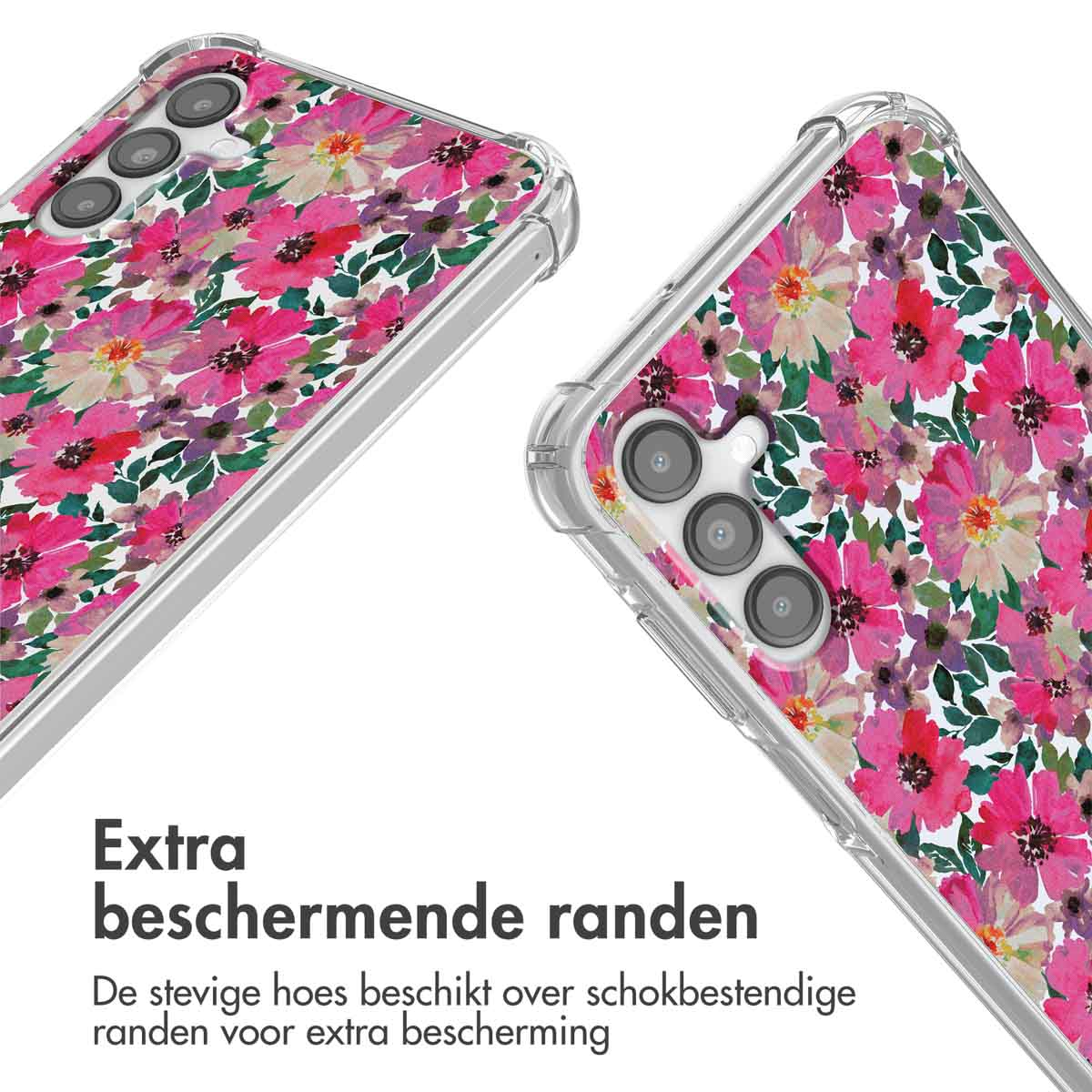 Deux étuis de téléphone avec un motif floral, des fleurs roses et un fond clair.