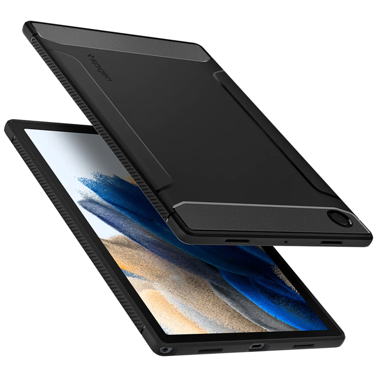 Czarne etui na tablet, otwarte, pokazujące ekran. Etui jest czarne.