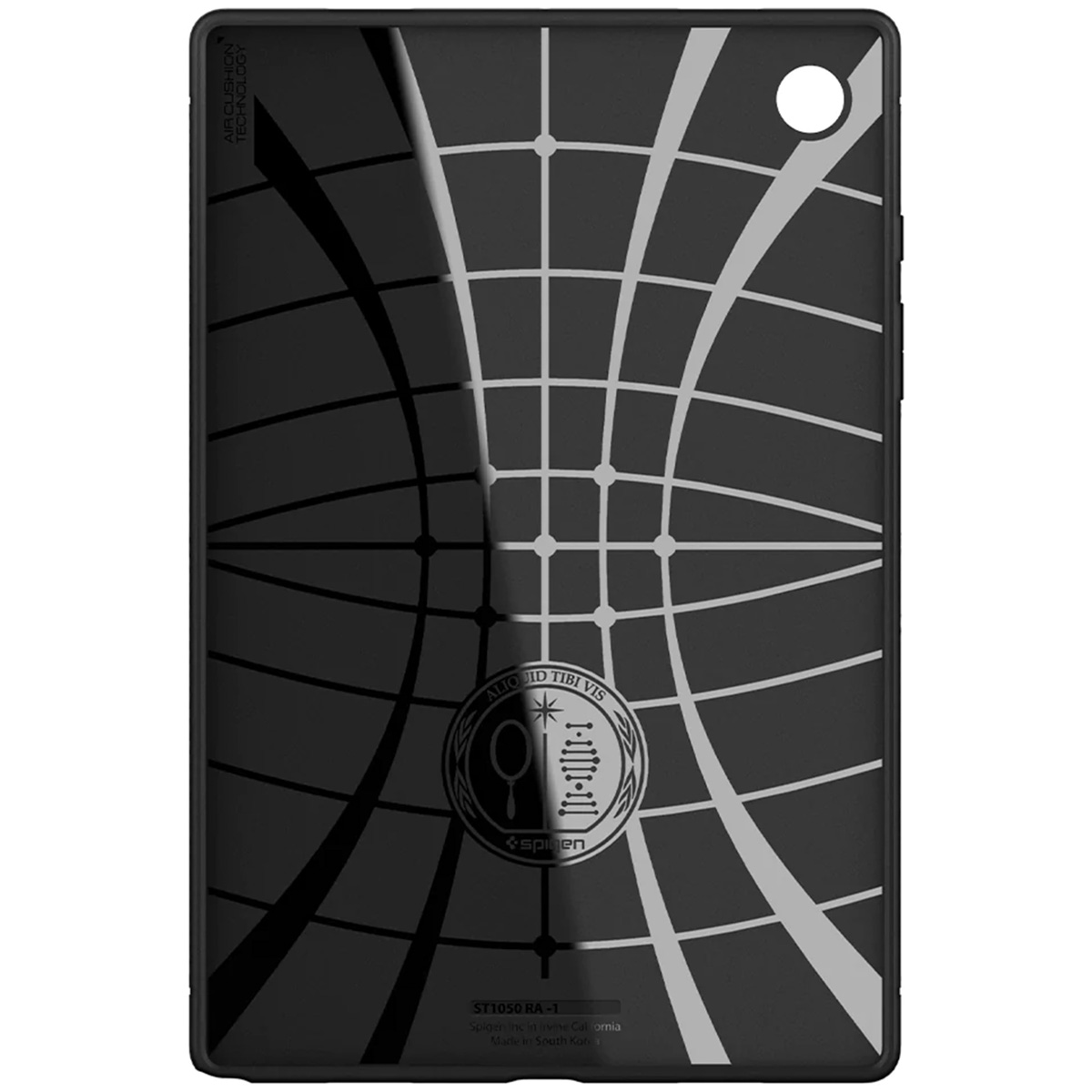 Czarne etui na tablet z wzorzystym tyłem. Etui ma logo Spigen.