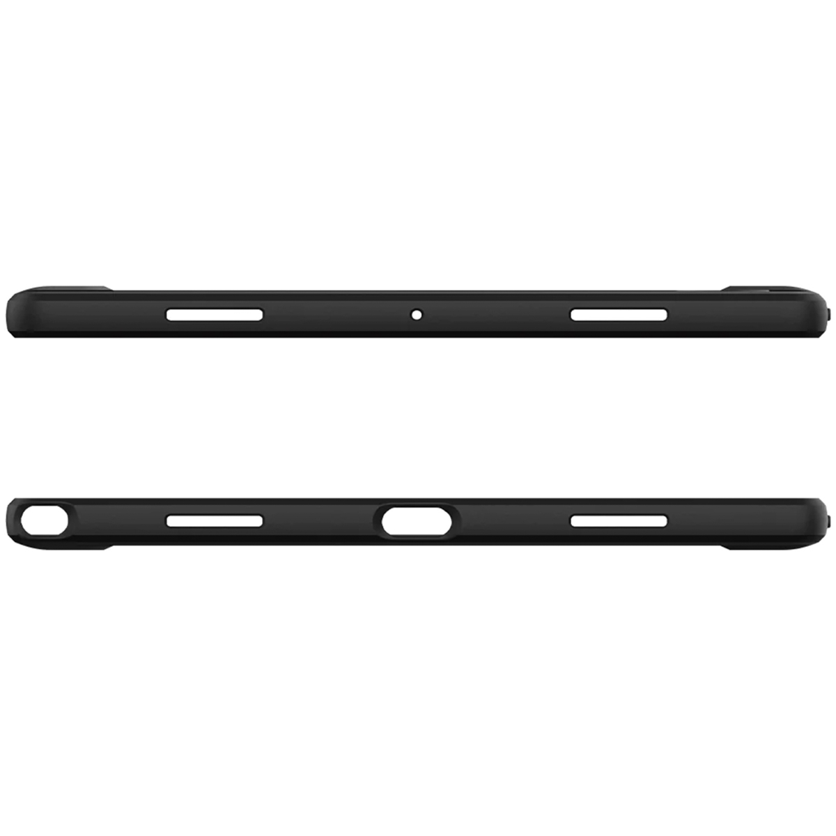 Dwie czarne krawędzie etui na telefon, widok z boku, pokazujący przyciski i wycięcia.