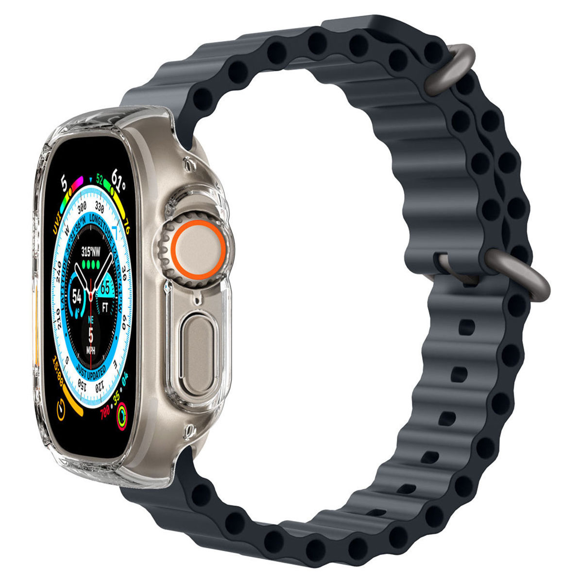 Srebrny Apple Watch Ultra z czarnym paskiem. Tarcza zegarka widoczna, pokazująca godzinę i dane.
