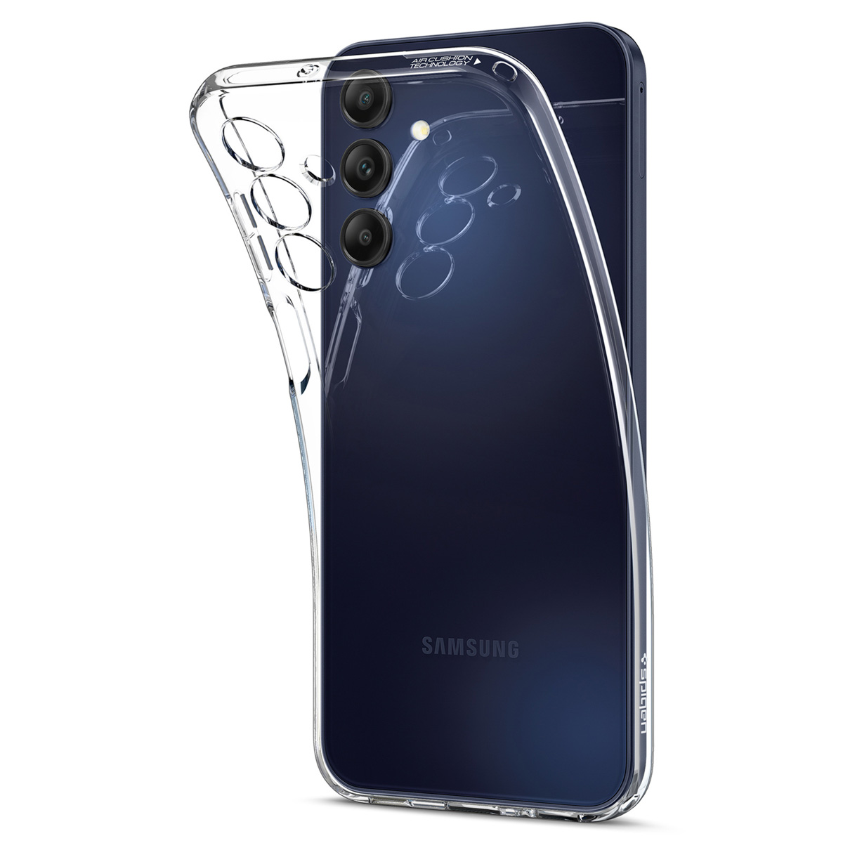 Coque de téléphone transparente superposée à un téléphone bleu foncé. Trois caméras visibles.