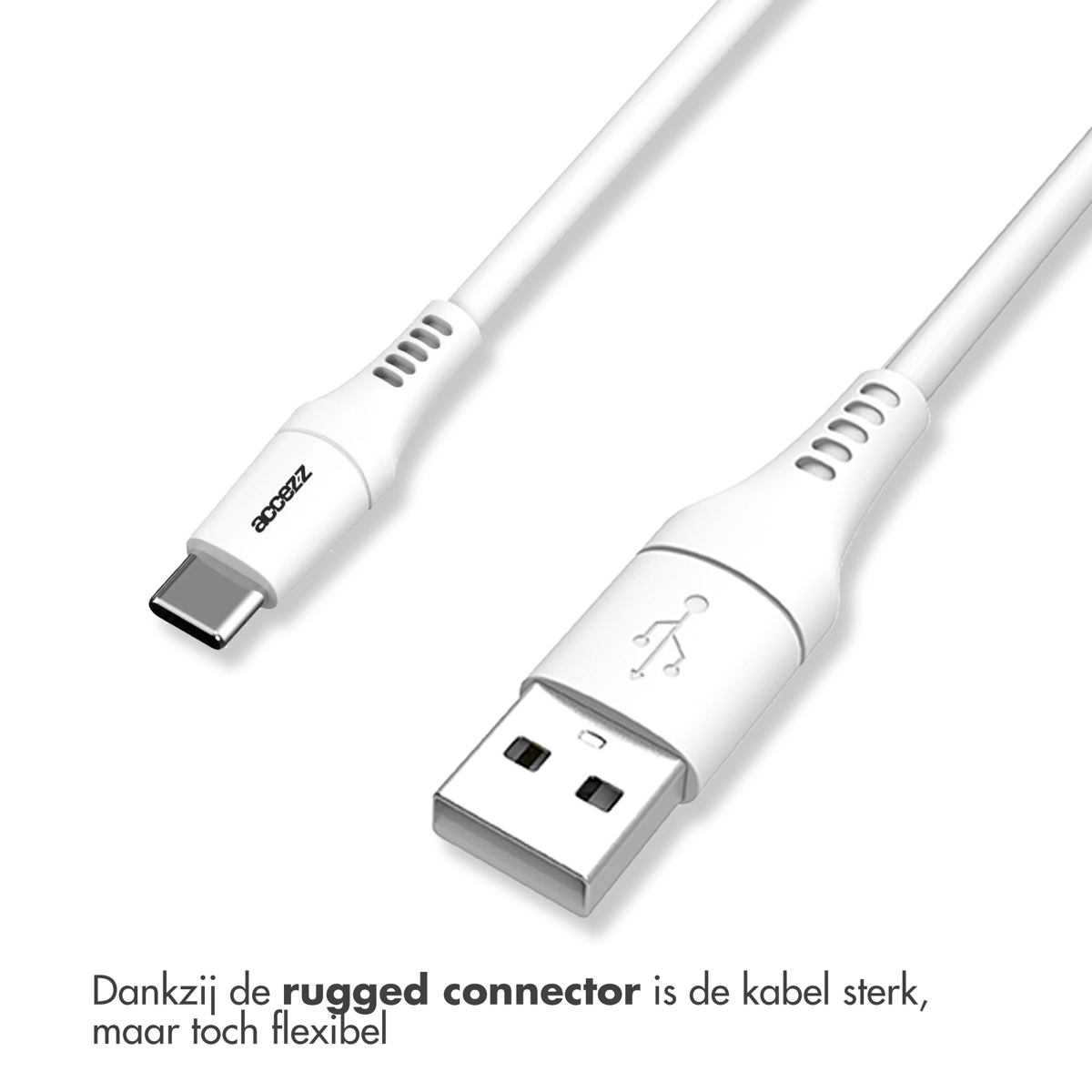 Deux câbles USB blancs : USB-A vers USB-C. Une extrémité est USB-A, l'autre USB-C.