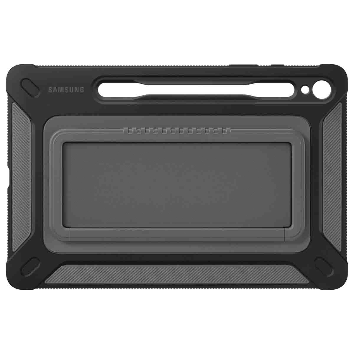 Custodia per tablet grigia e nera con cornice, per un tablet Samsung. Con supporto integrato.