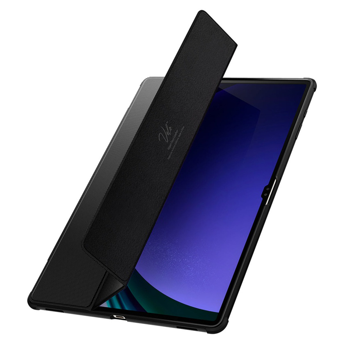 Black tablet with open cover. The screen is blue. The cover has a textured pattern and a logo.