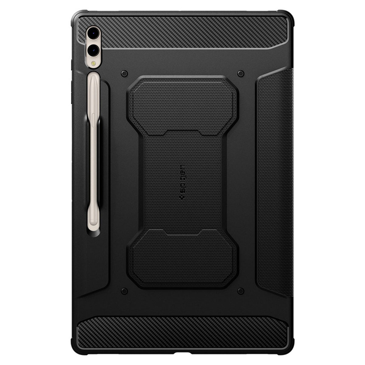 Black tablet case open, with a pen. Textured surfaces, rigid design. Background is white.