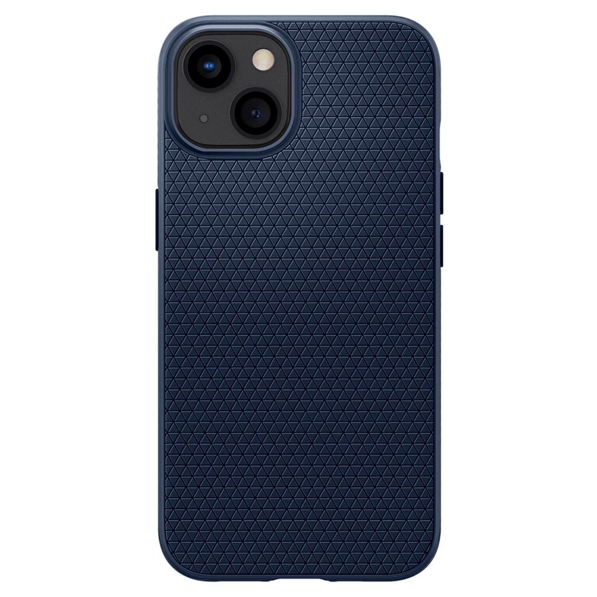 Donkerblauwe telefoonhoes met een textuurpatroon. De telefoonhoes bedekt de achterkant van een telefoon. Driehoekig ontwerp.