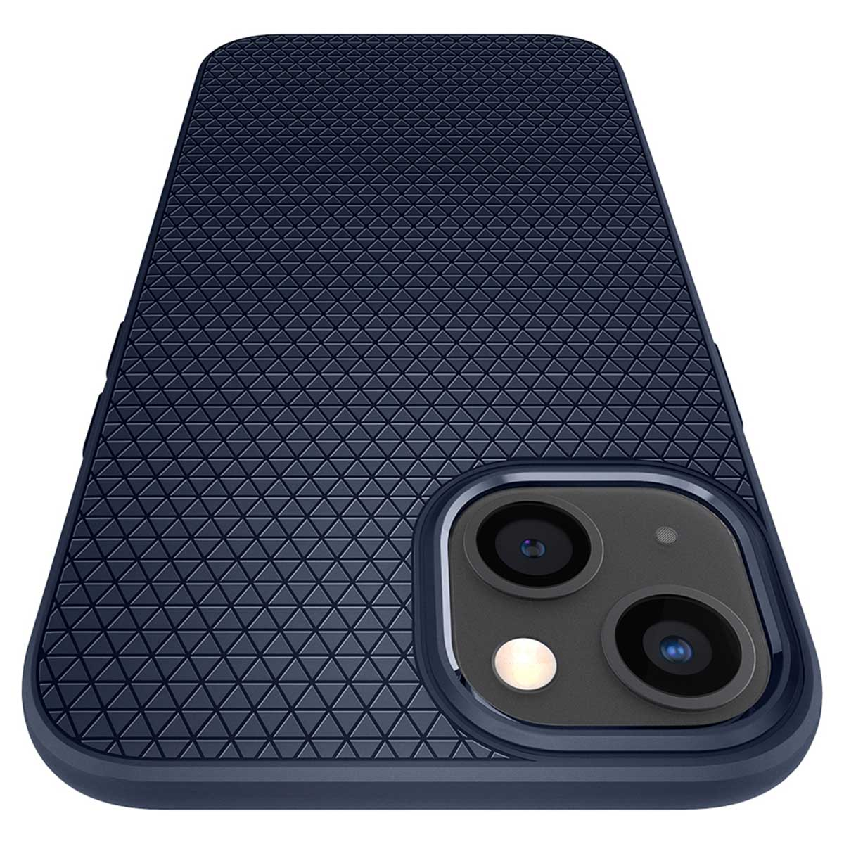 Blauwe iPhone-hoes met een getextureerd driehoekpatroon, met een uitsparing voor de dubbele camera.
