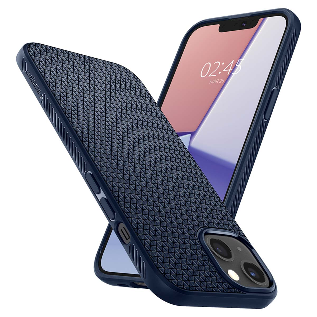Een telefoon in een donkerblauwe case met een textuurpatroon, met het scherm van de telefoon zichtbaar.