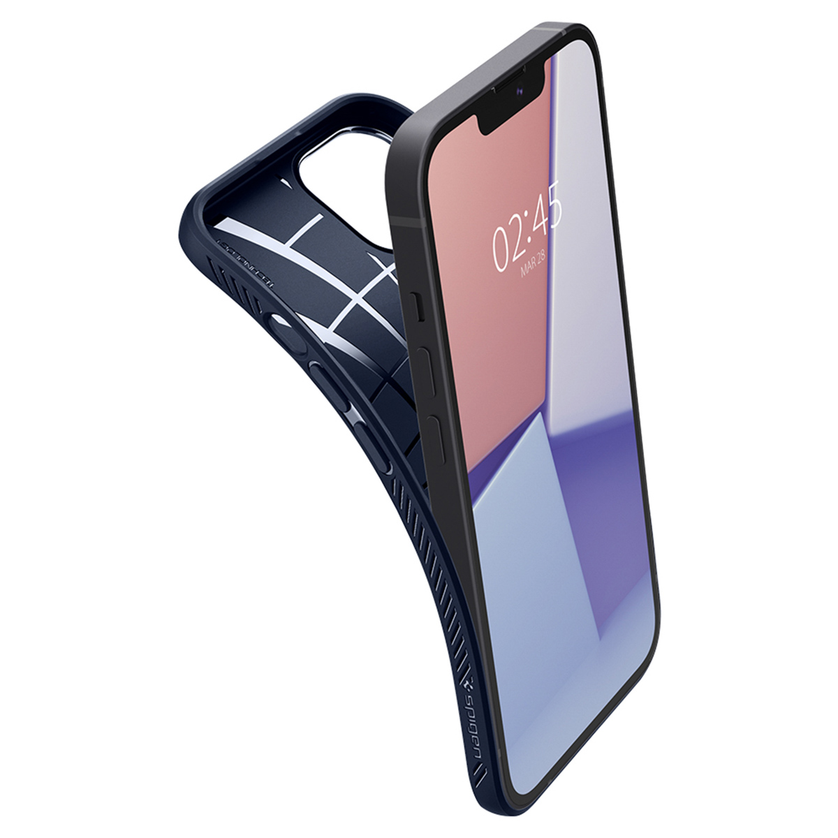 Een telefoon in een donkerblauwe hoes. De telefoon is schuin, wat het ontwerp laat zien.
