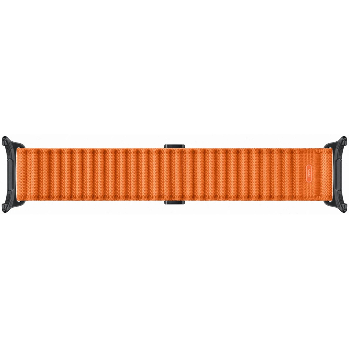 Pomarańczowy pasek Apple Watch z czarnymi złączami. Widok z góry, wyśrodkowany, białe tło.