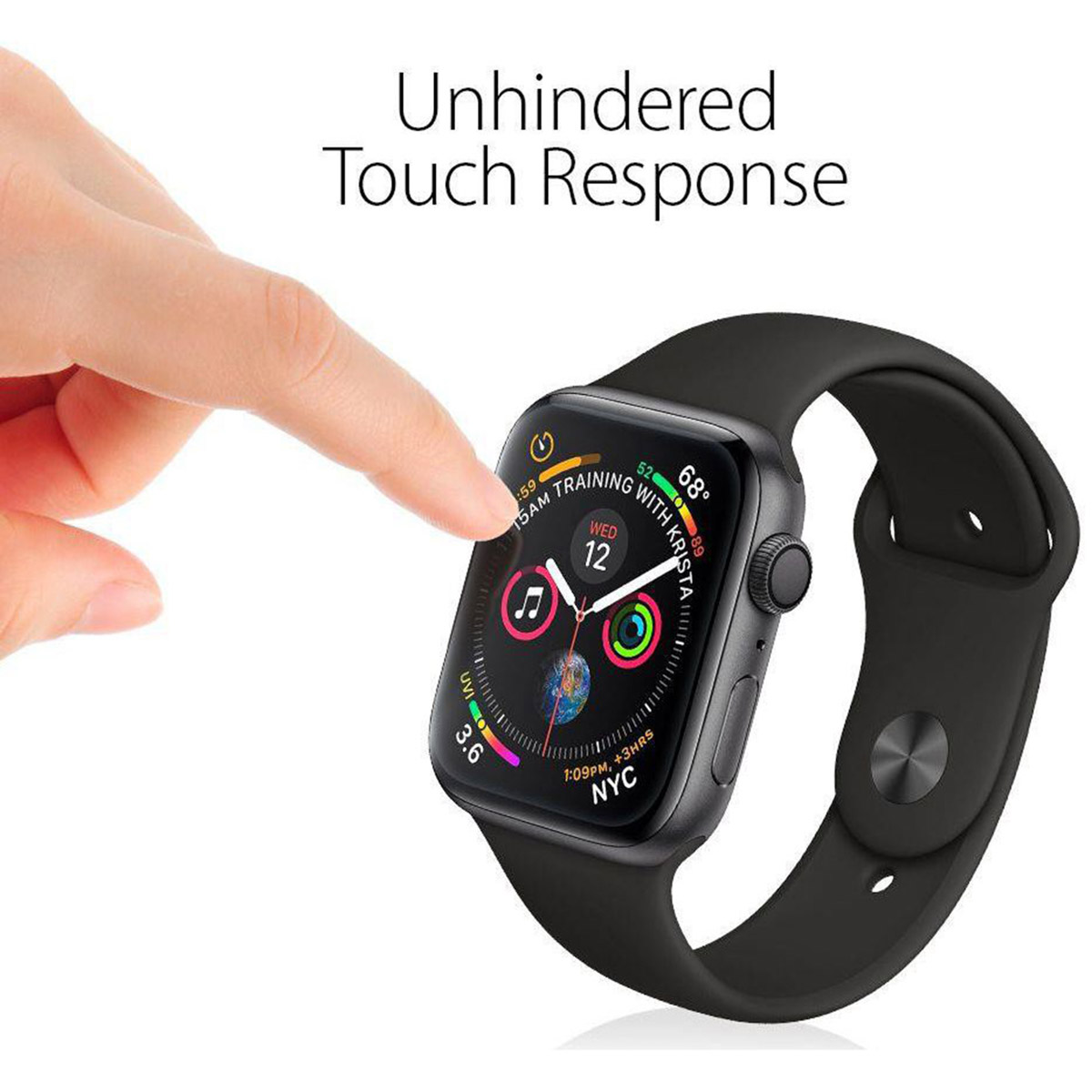 Czarny smartwatch z palcem wskazującym na ekran, wyświetlającym aplikacje i godzinę.