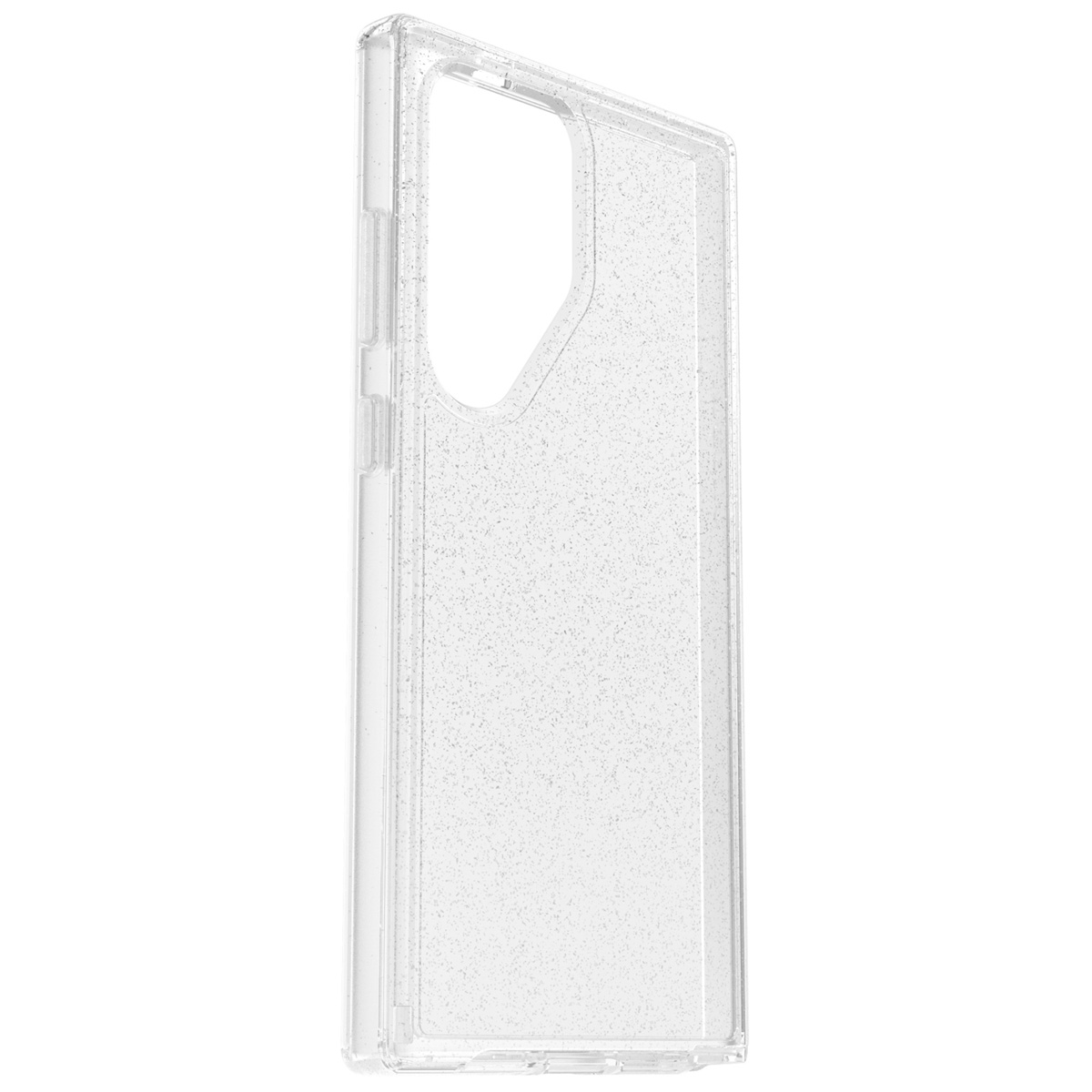 Custodia trasparente per telefono con glitter. La custodia è trasparente e ha un ritaglio per la fotocamera.