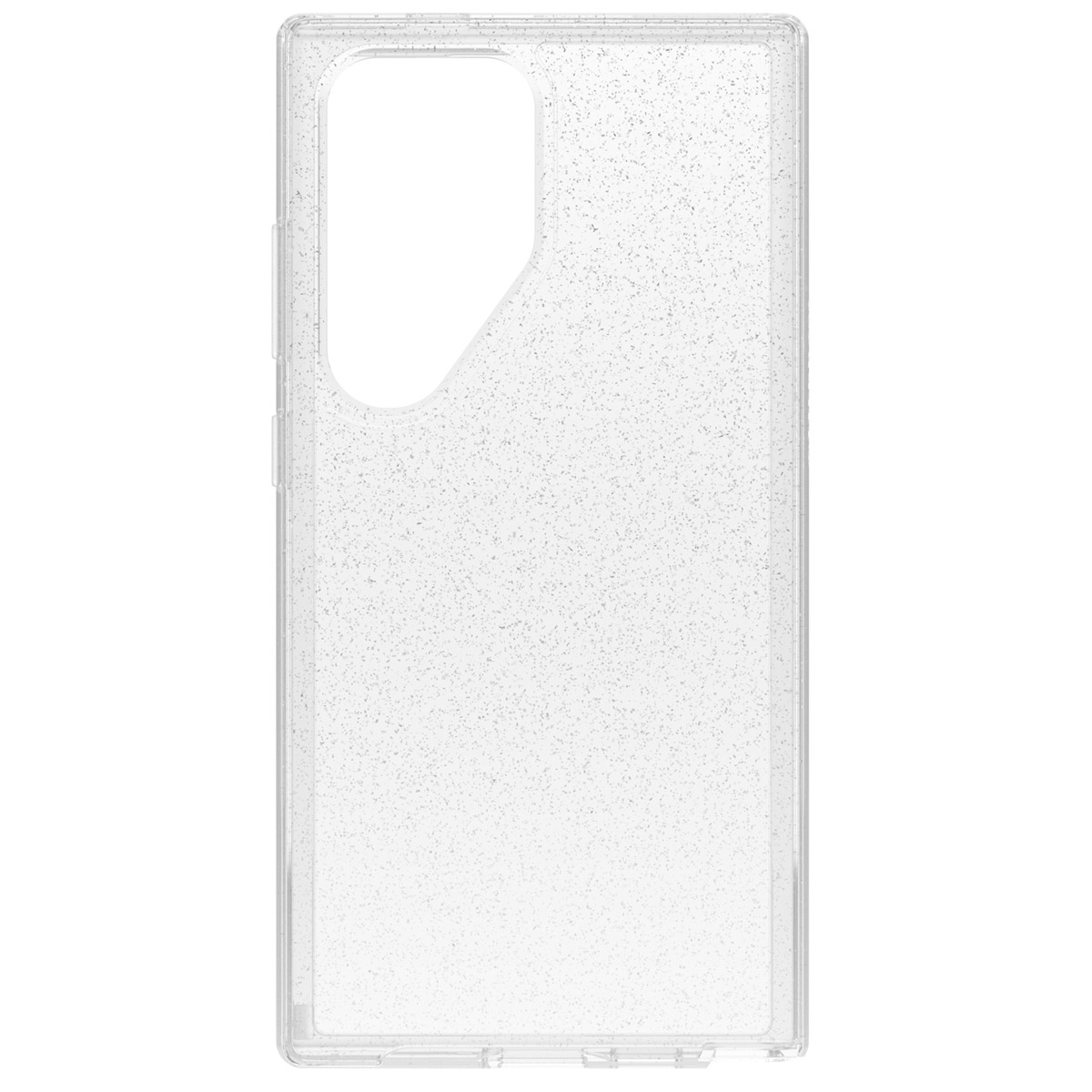 Custodia trasparente per telefono con glitter. La custodia ha un ritaglio per la fotocamera.