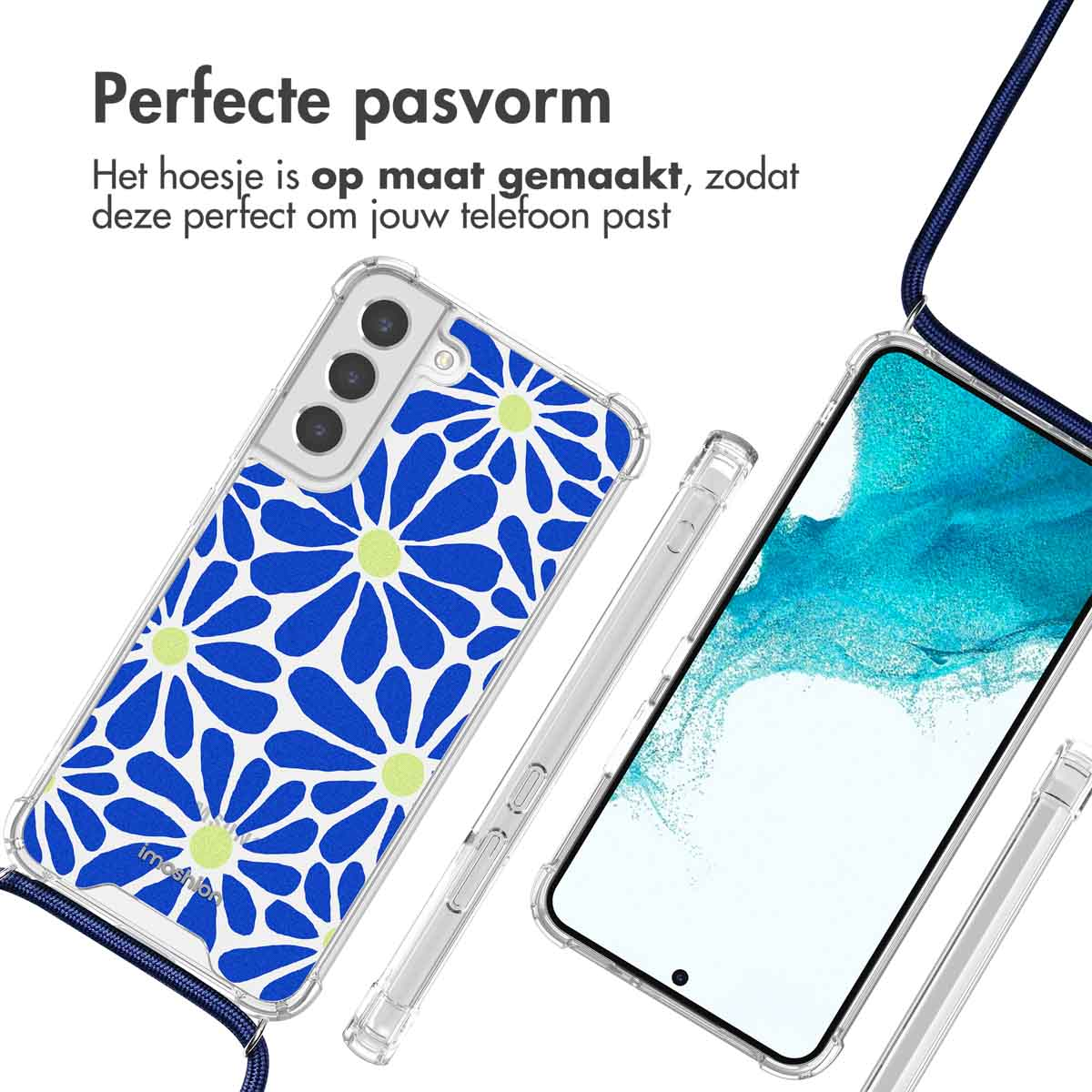 Telefoonhoesje met blauw bloemenpatroon, met de telefoon in de hoes.