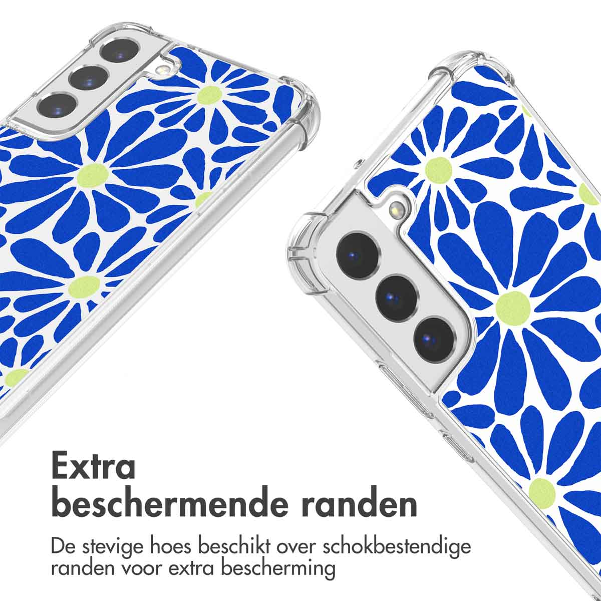 Twee telefoonhoesjes met blauw bloemdesign op een wit oppervlak. Tekst in het Nederlands, transparante hoes.