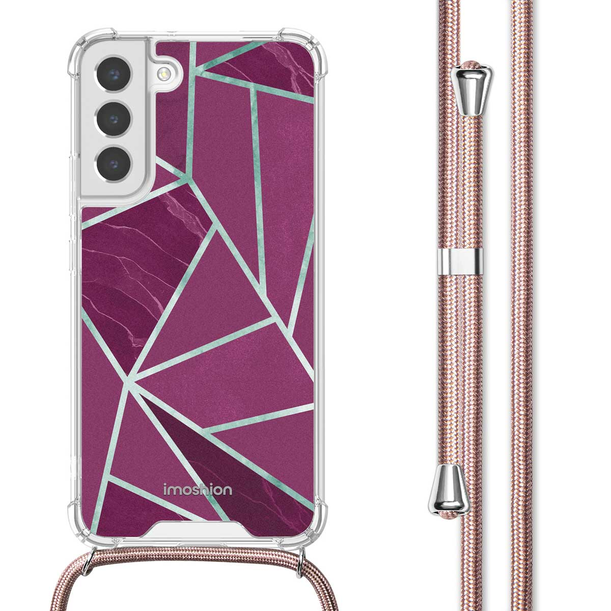 Coque de téléphone avec un design géométrique. Formes roses, blanches et turquoise sur fond violet.