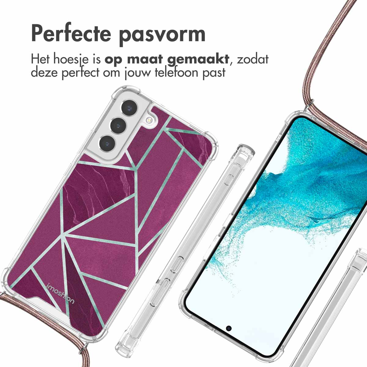 Deux coques de téléphone avec des téléphones à l'intérieur. La coque de gauche a un design violet. Le téléphone droit est visible.