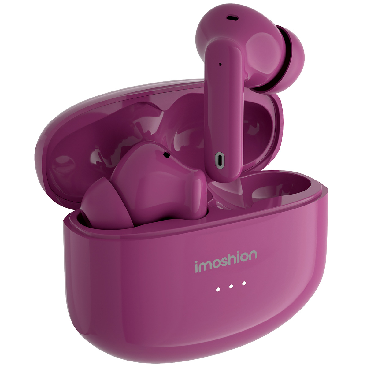 Pink earbuds in a charging case. The charging case is also pink, with white charging lights.