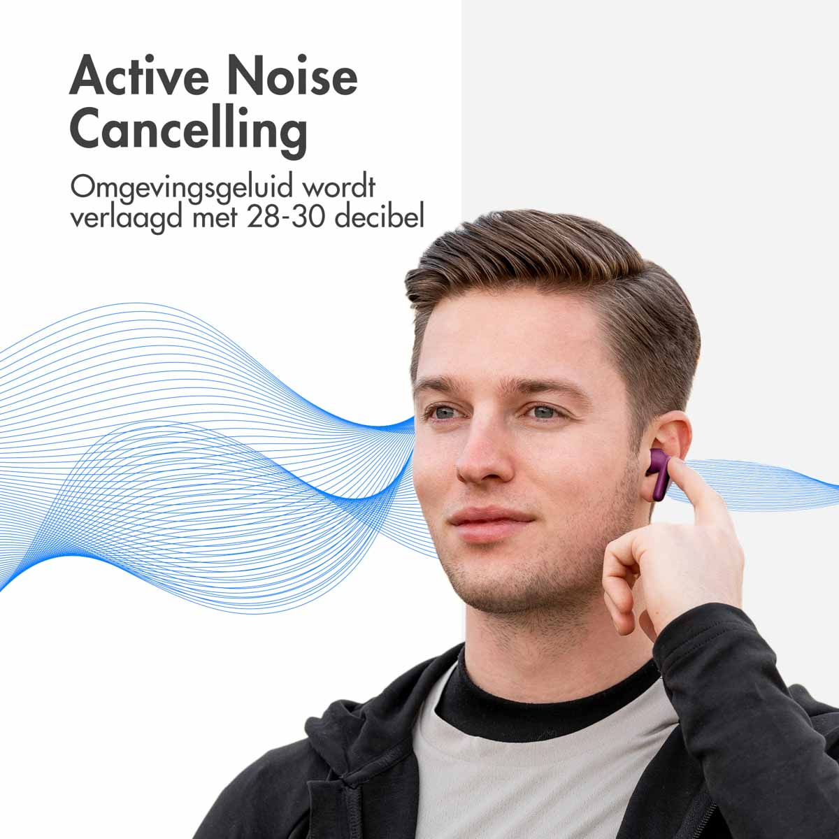 Man wearing earbuds, promoting Active Noise Cancelling. Blue sound waves graphic.