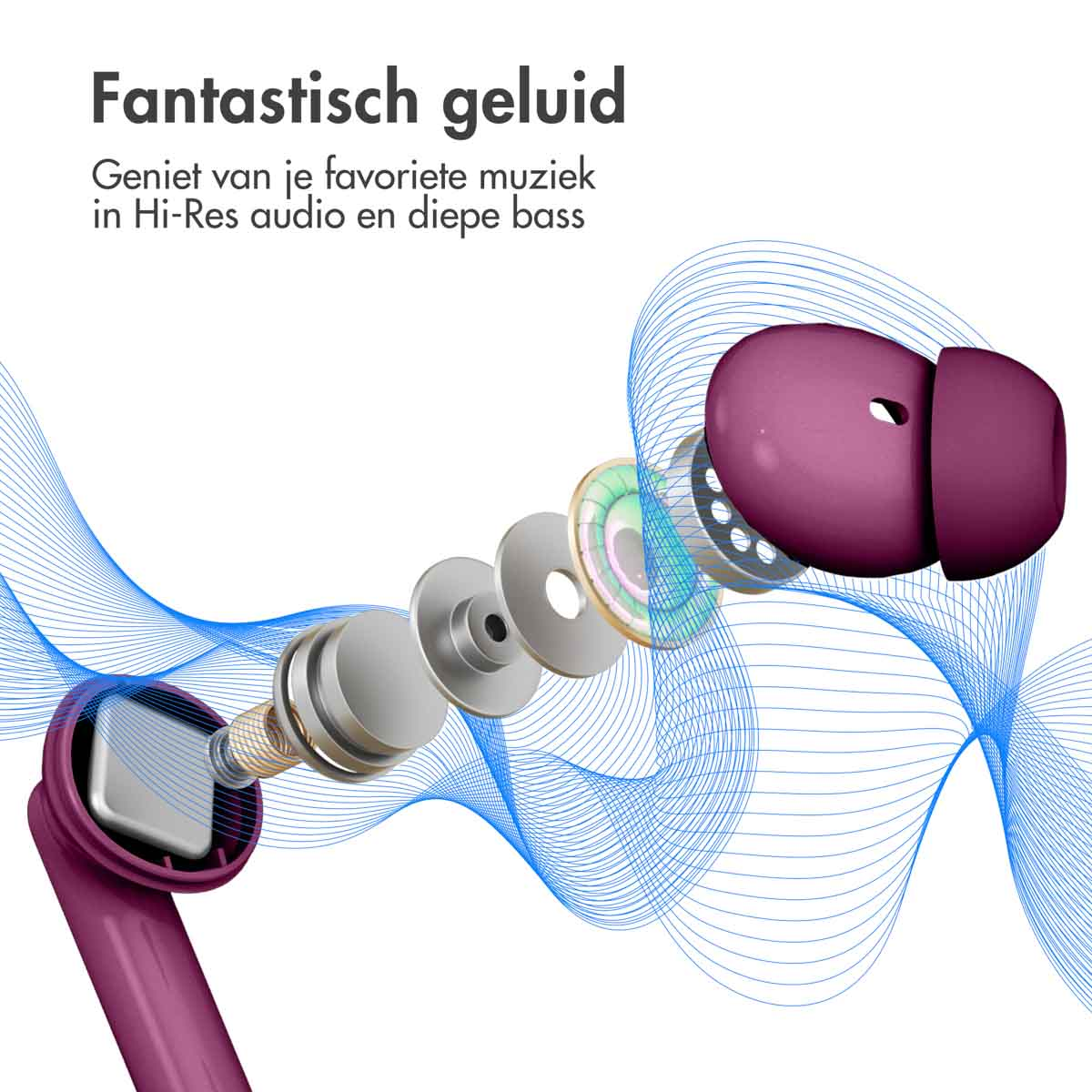 Earbuds in pieces, showing internal components. The background features blue wavy lines; purple earbuds.