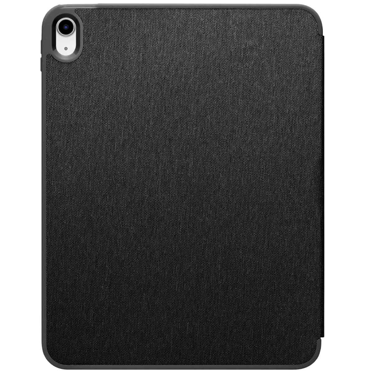 Black tablet case with a textured fabric cover, closed, showing the top.