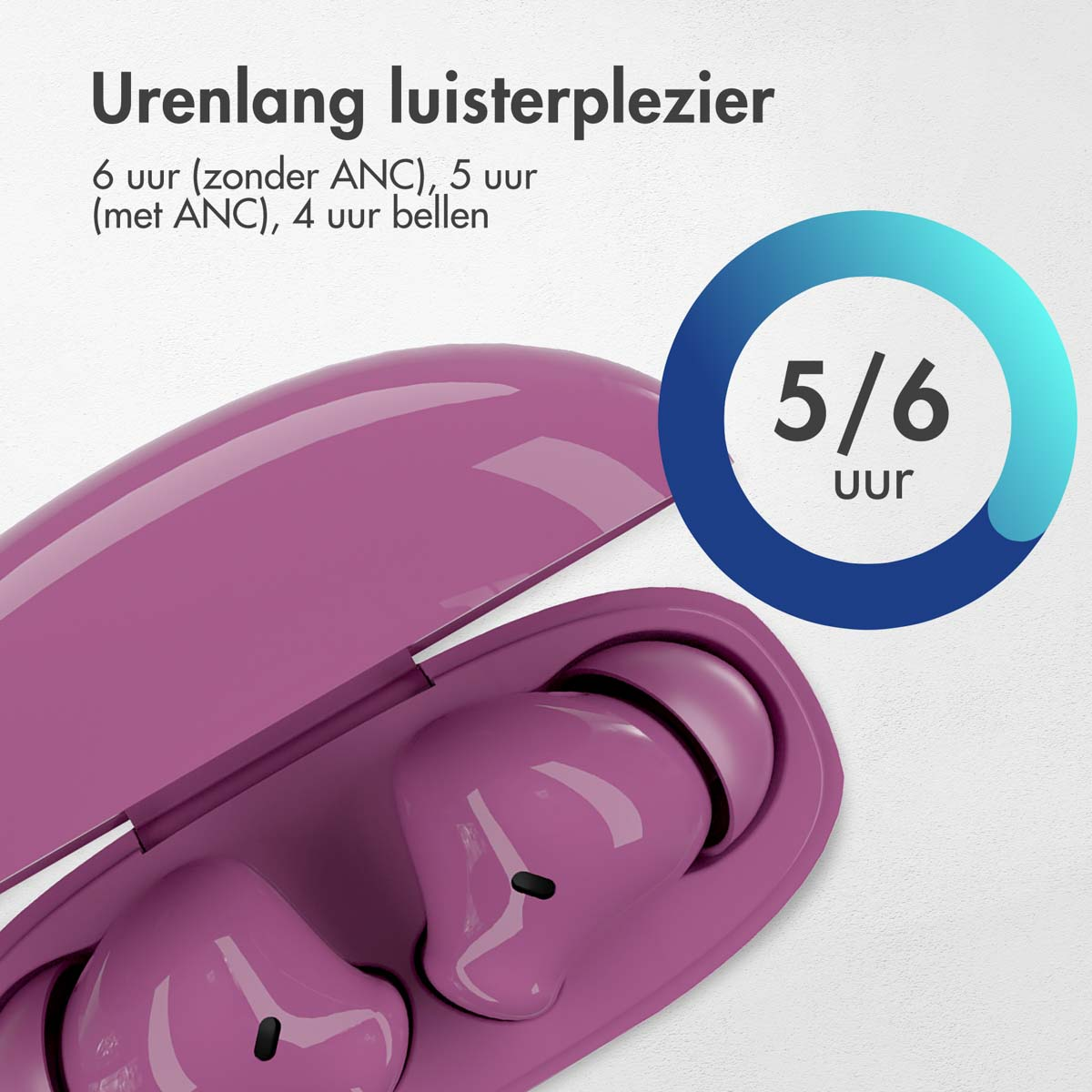 Purple earbuds in a case. The image highlights battery life duration.