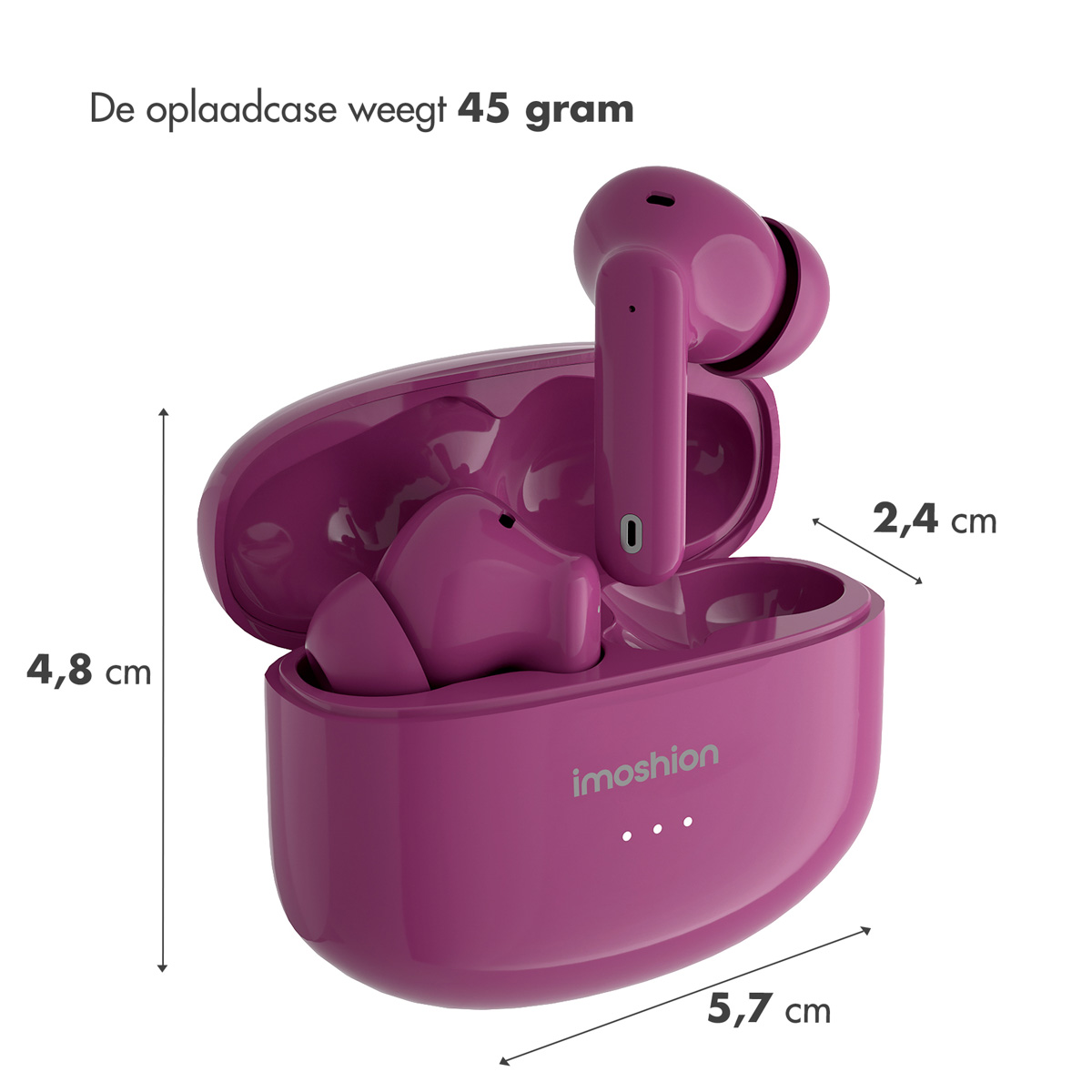 A magenta charging case with magenta earbuds. The case is open and has measurements.