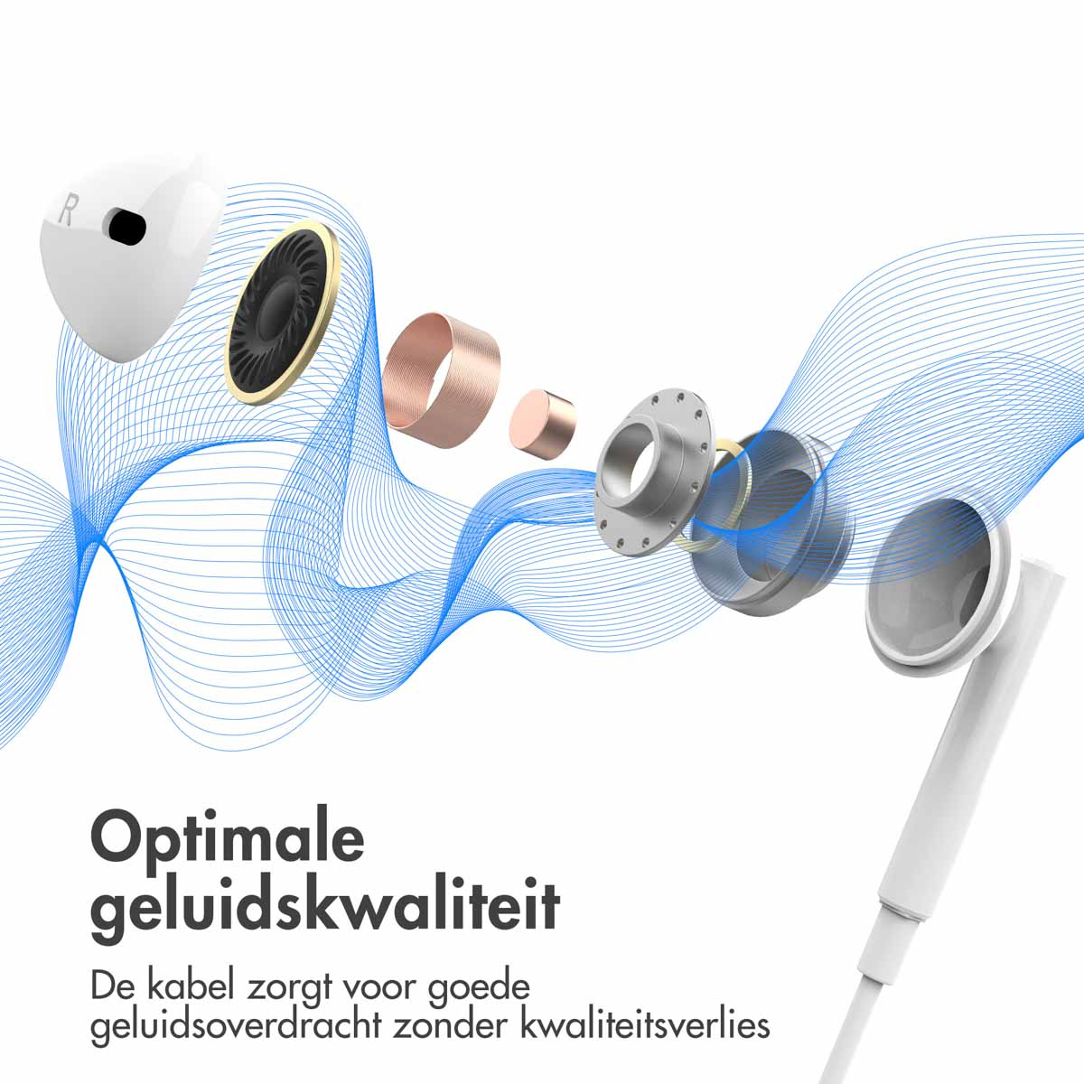 Disassembled earbuds showing internal components.  White earbuds with gold and silver parts on blue wave background.
