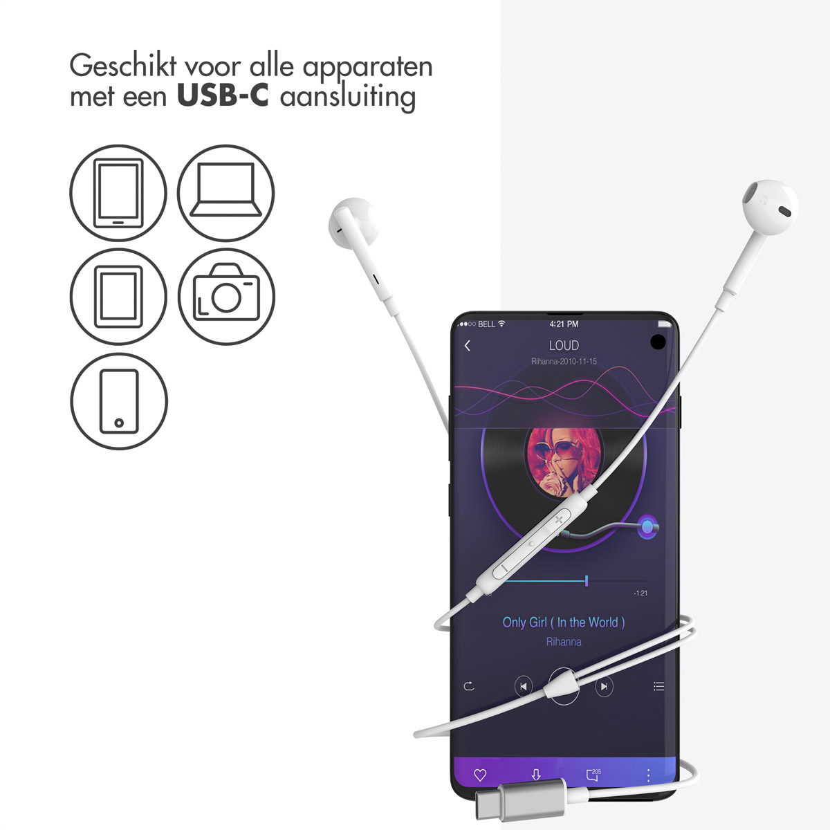 Smartphone with headphones plugged in, lying on a surface. Icons and text on the screen. White background.