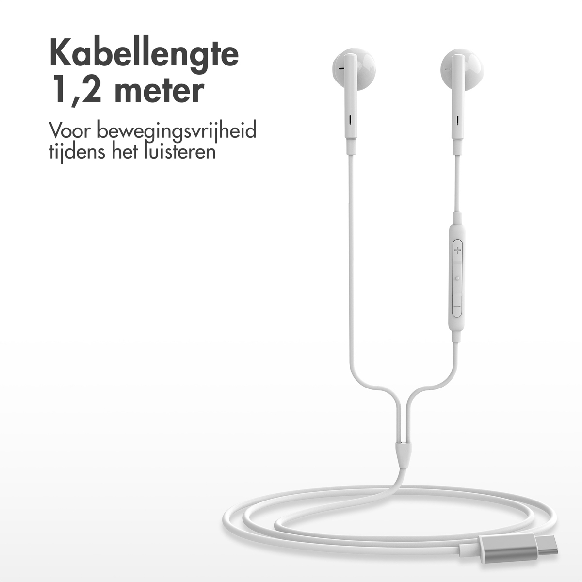 White earbuds with attached cable and a usb-c connector. Text is in Dutch.