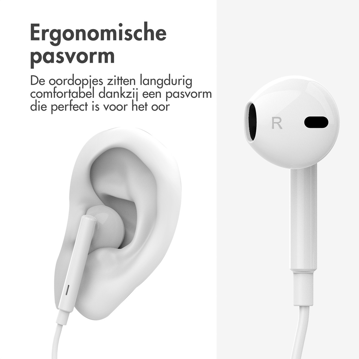 Earbuds with a human ear illustration, emphasizing ergonomic fit.