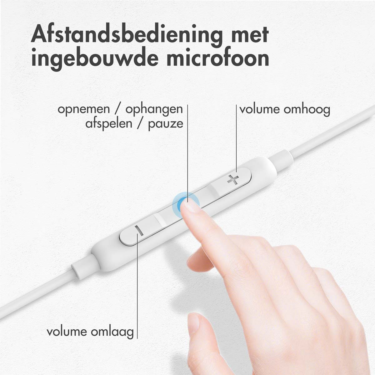 White earphones with a control panel. A finger is pressing a button. Buttons for volume, pause, and answering calls.