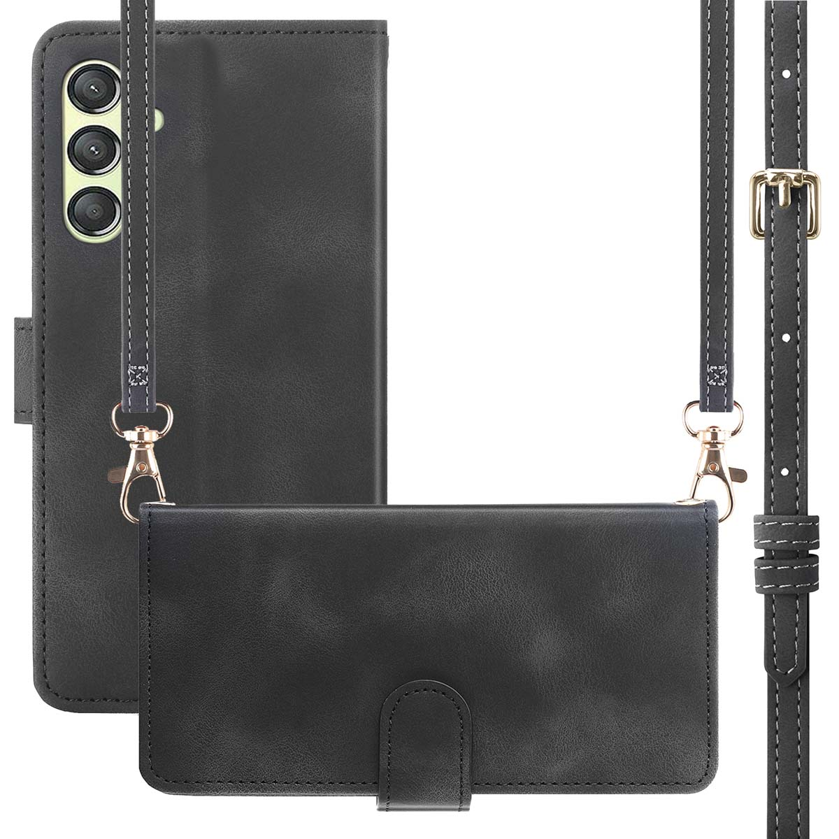 Coque de téléphone noire avec une sangle. Le téléphone est à l'intérieur, avec un fermoir.
