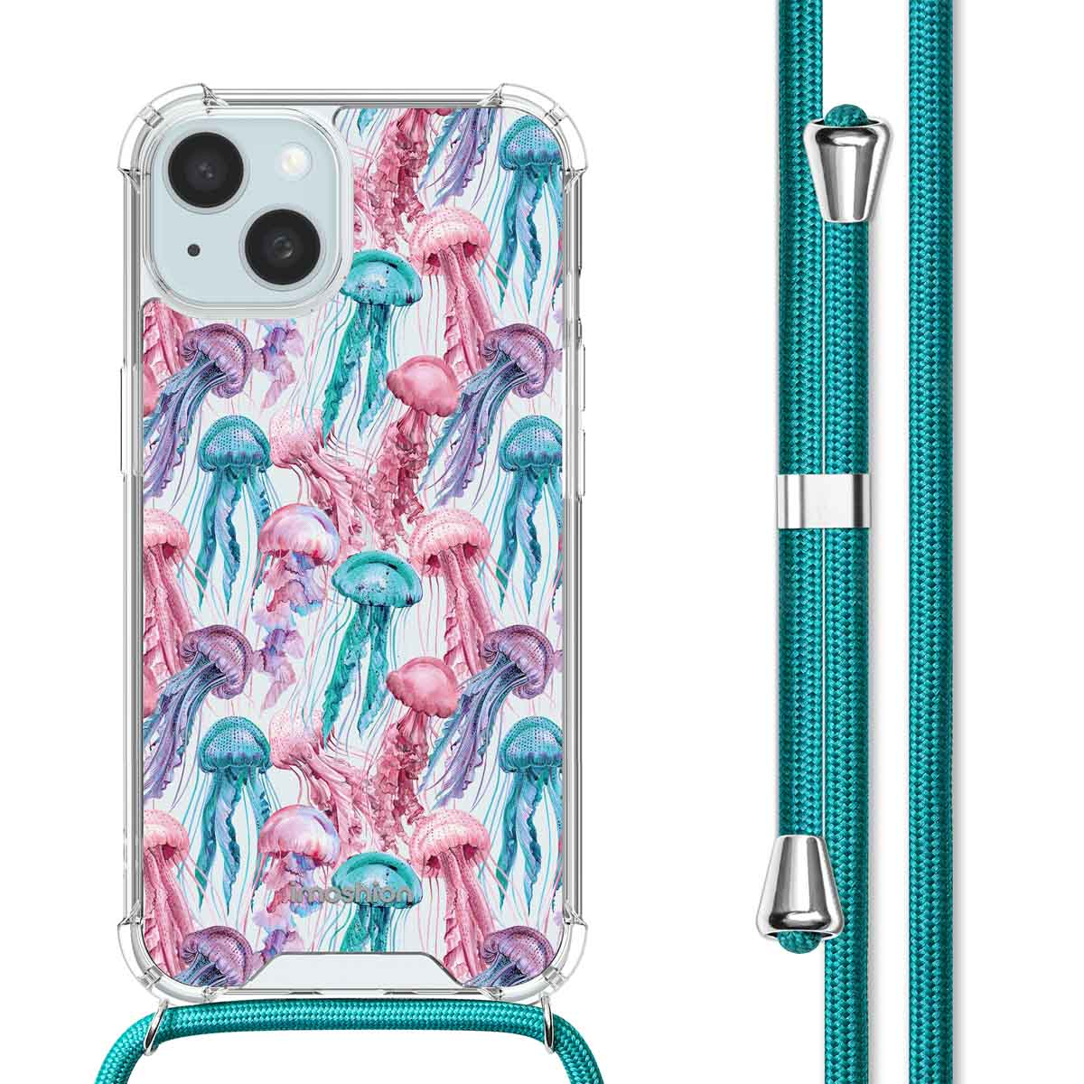 Transparante telefoonhoes met een kwallenpatroon en een teal lanyard.