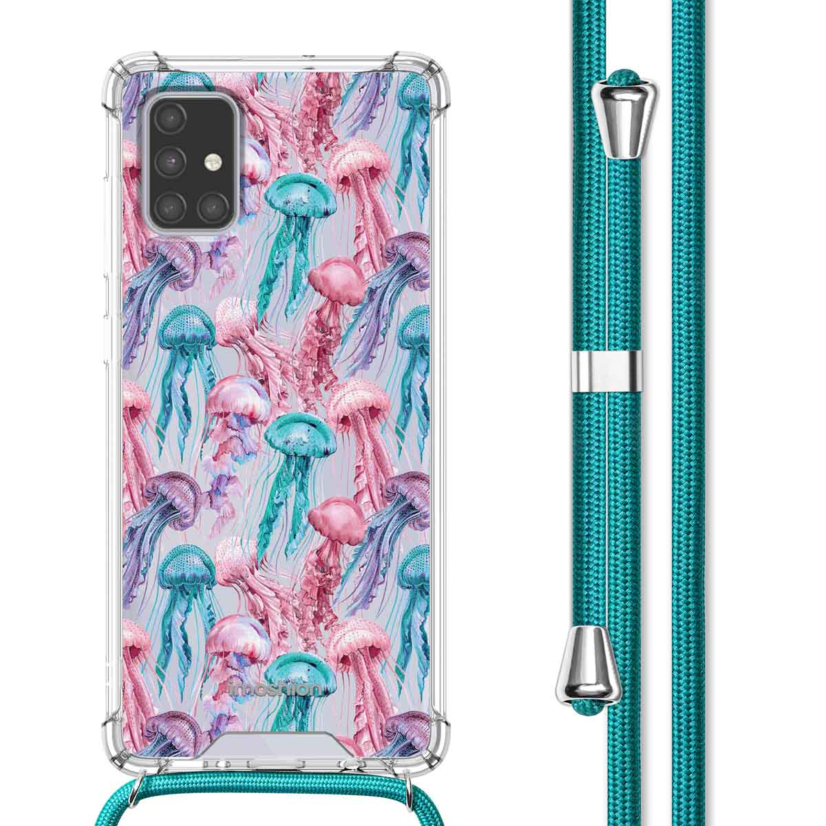 Custodia per telefono con motivo meduse e un cordino verde acqua, primo piano.