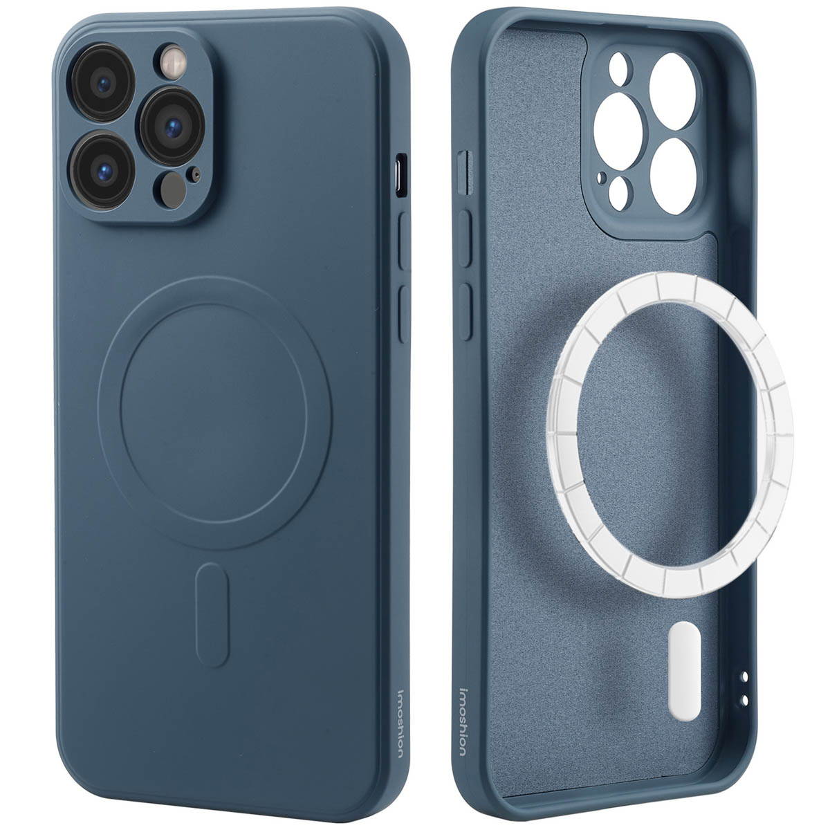 Deux coques de téléphone bleues, une avec un cercle magnétique, l'autre avec une découpe caméra.