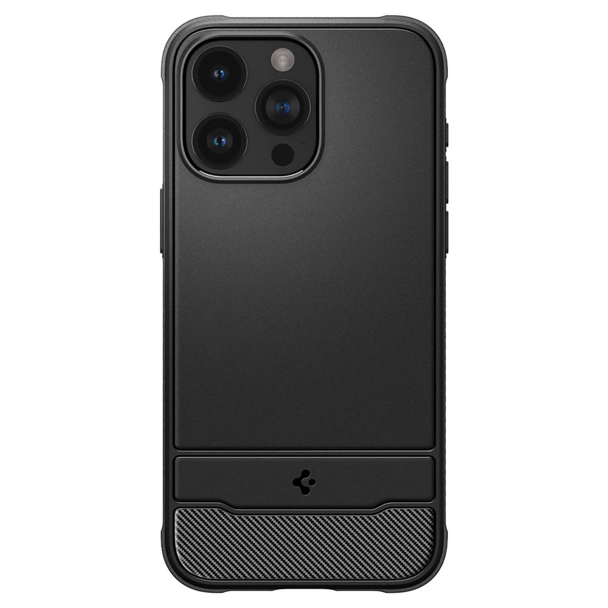 Coque de téléphone noire avec fente pour carte et design en fibre de carbone texturé.