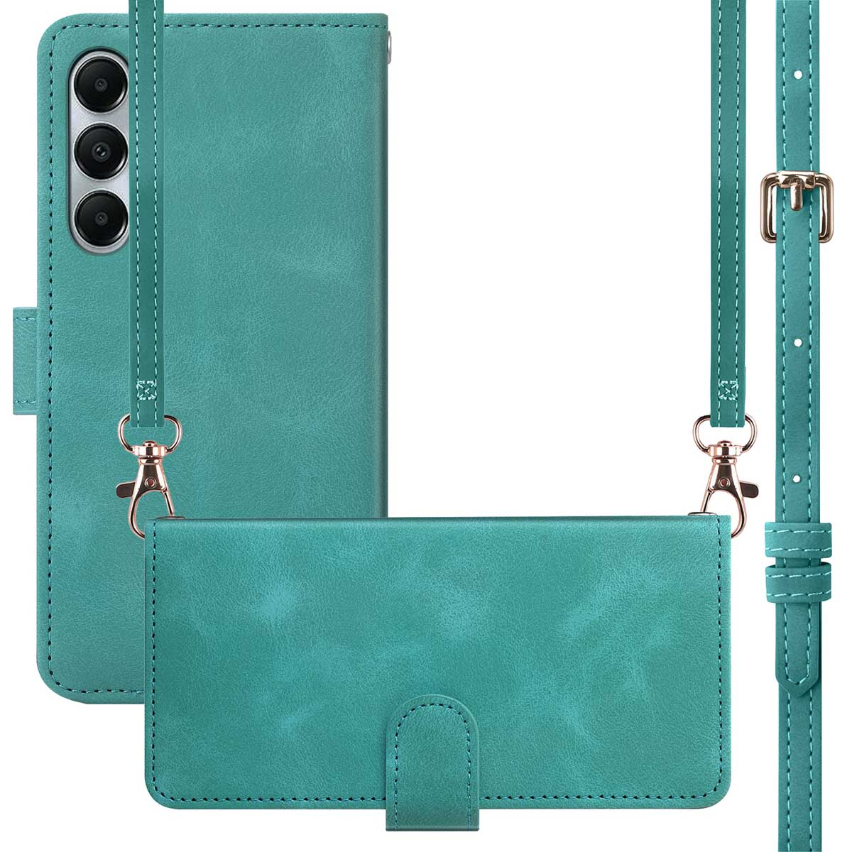 Ensemble d'étui de téléphone sarcelle avec une sangle, un étui portefeuille et une partie arrière.