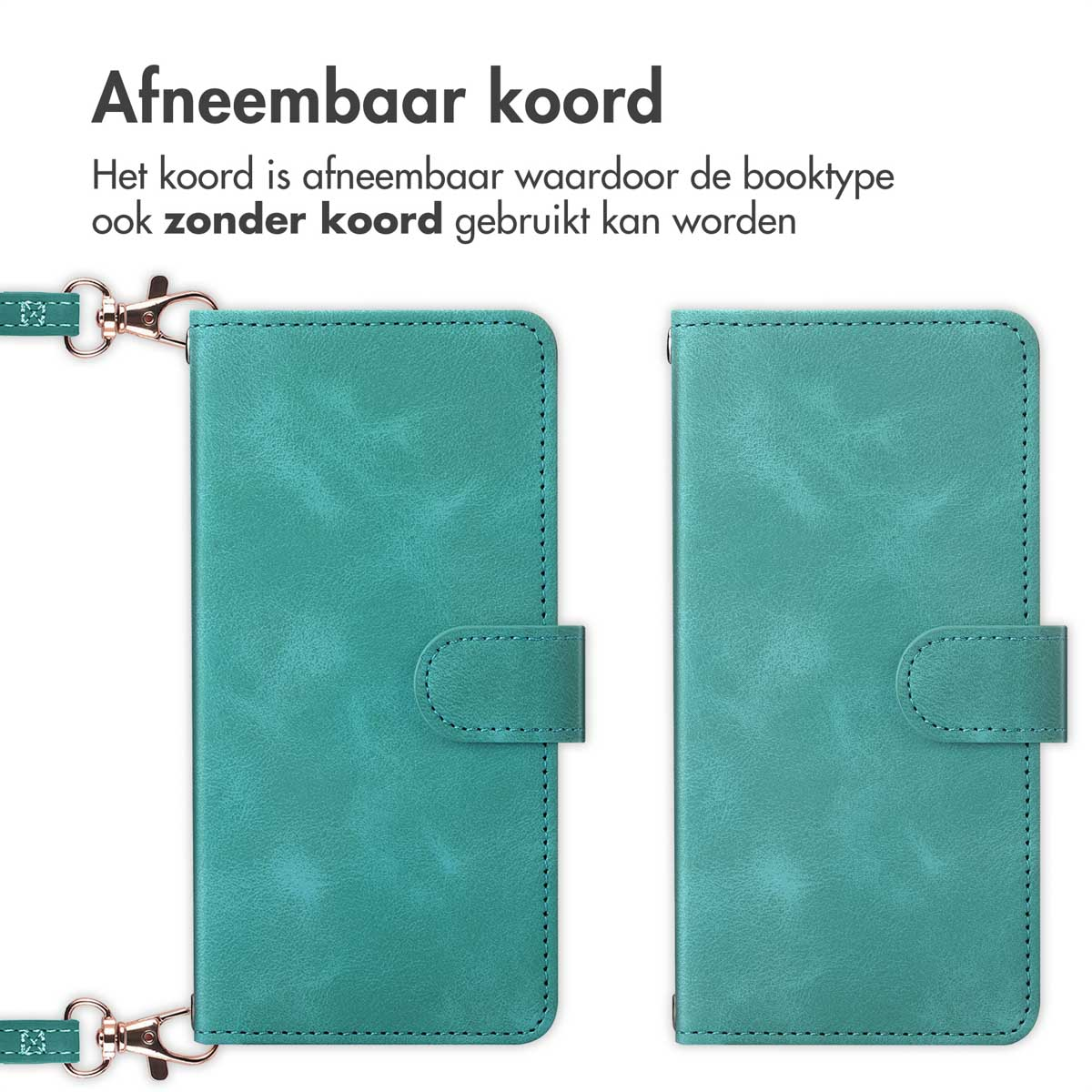 Coque de téléphone bleu canard avec cordon amovible. La coque est ouverte.