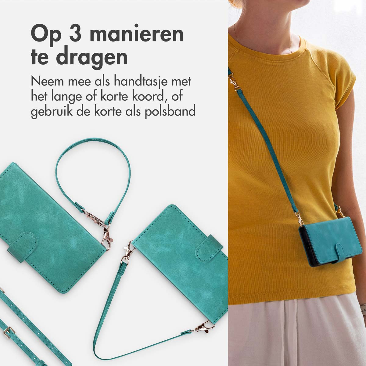 Femme avec coque de téléphone turquoise, montrant trois façons de la porter avec une sangle.