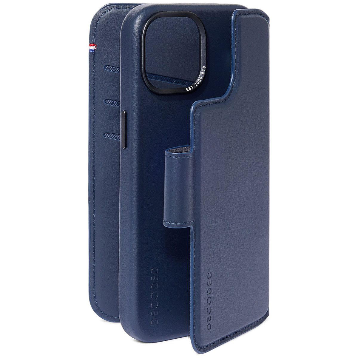 Blauwe leren telefoonhoes, opengevouwen, met de telefoon en het interieur.