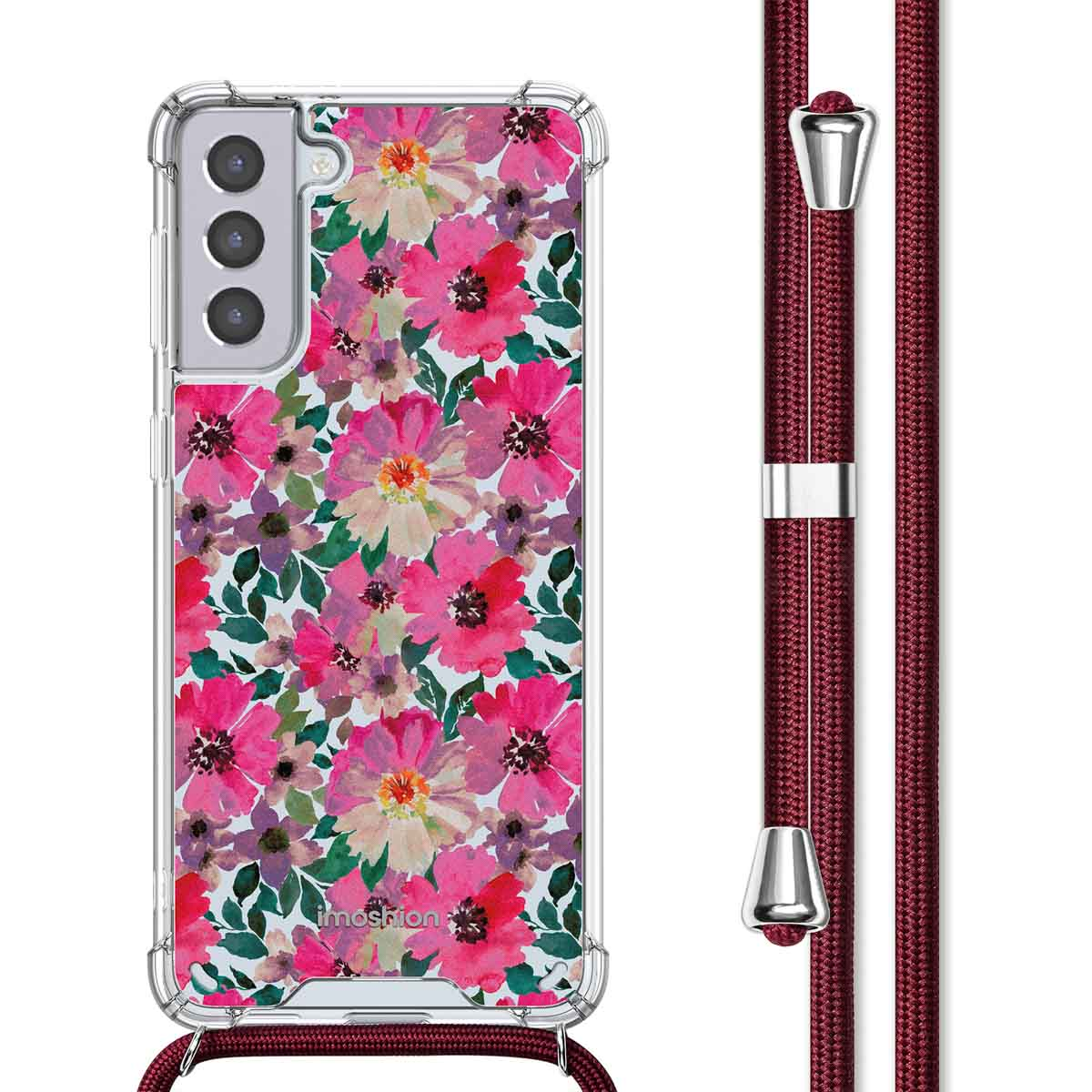 Transparante telefoonhoes met roze bloemen. Rechts hangt een bordeaux koord.