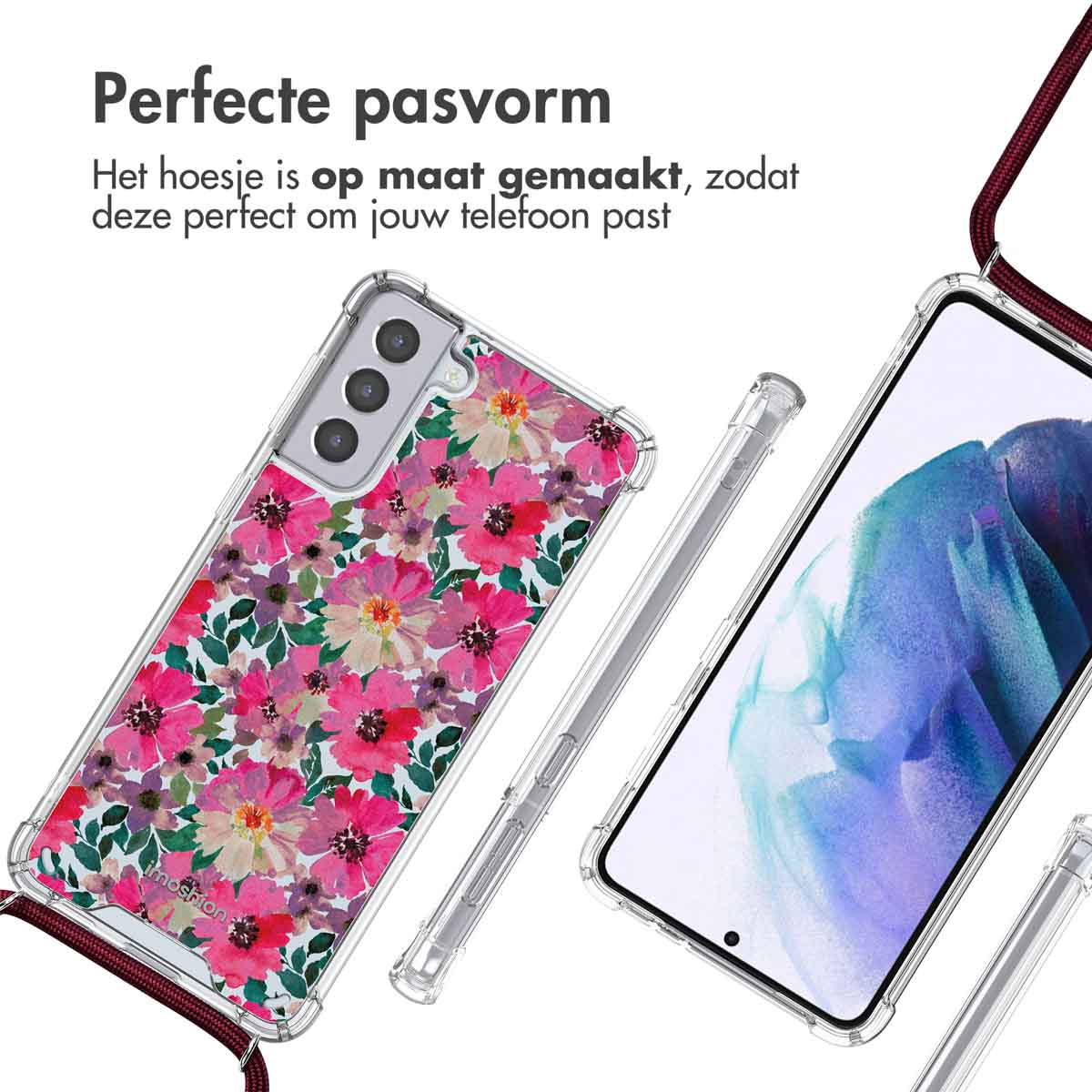 Twee telefoons in hoesjes, met bloemenpatronen en een doorzichtige achterkant. Een rode band is zichtbaar.