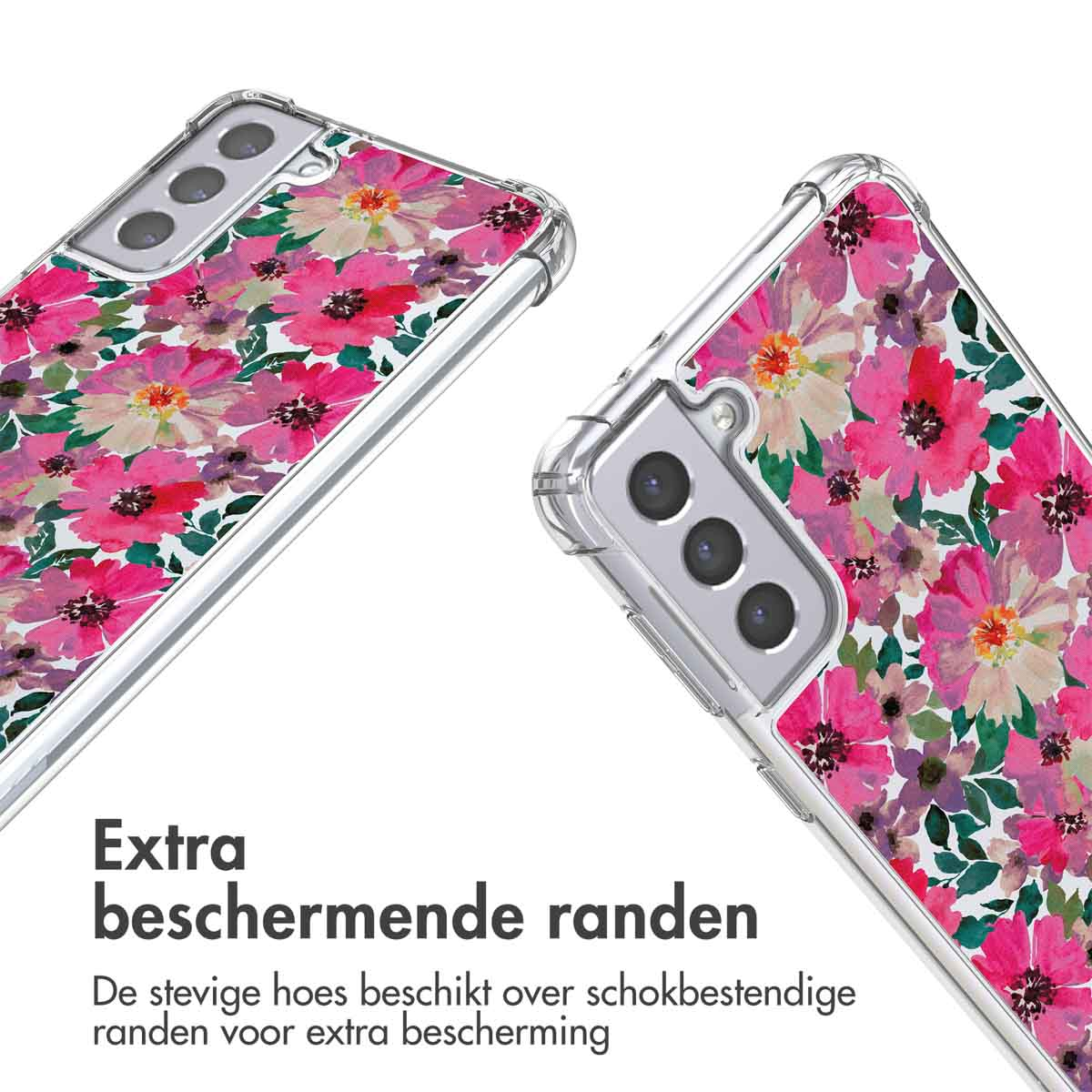 Transparante telefoonhoesjes met een roze bloemenpatroon. Tekst geeft extra beschermende randen aan.