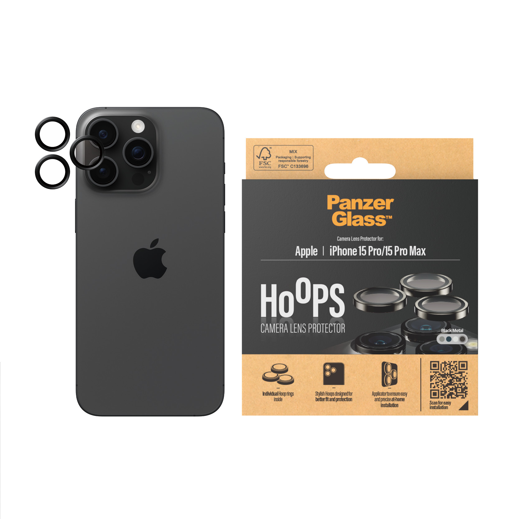 iPhone noir avec protecteurs d'objectif et emballage sur une surface blanche.