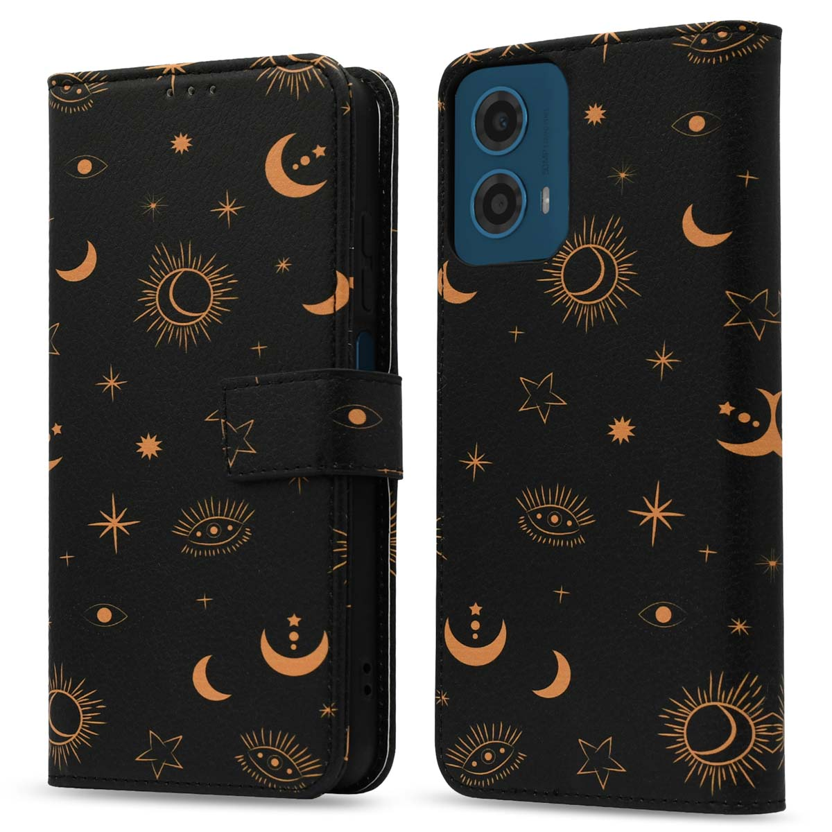 Zwarte telefoonhoes, met hemels ontwerp: zonnen, manen, sterren. Open, met telefoon zichtbaar. Witte achtergrond.