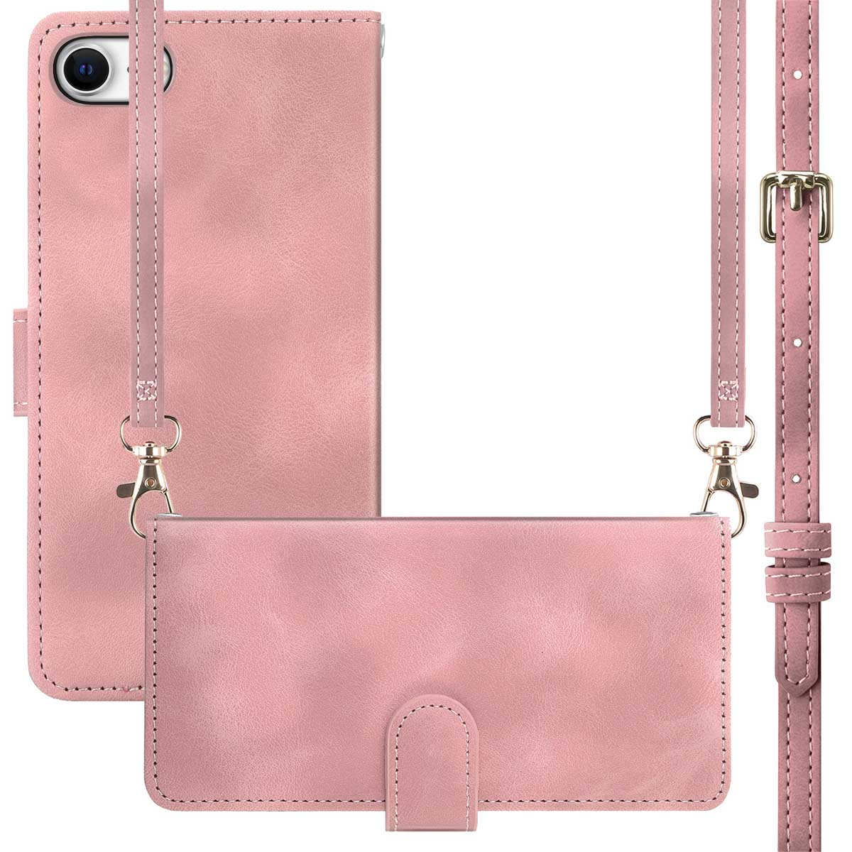 Portefeuille de téléphone en cuir rose avec une sangle, ouvert et montrant le téléphone.